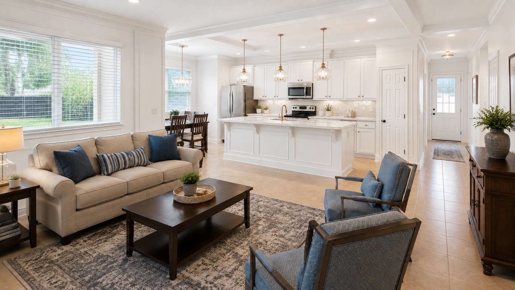 The same open-plan living room and kitchen after a bright custom interior transformation