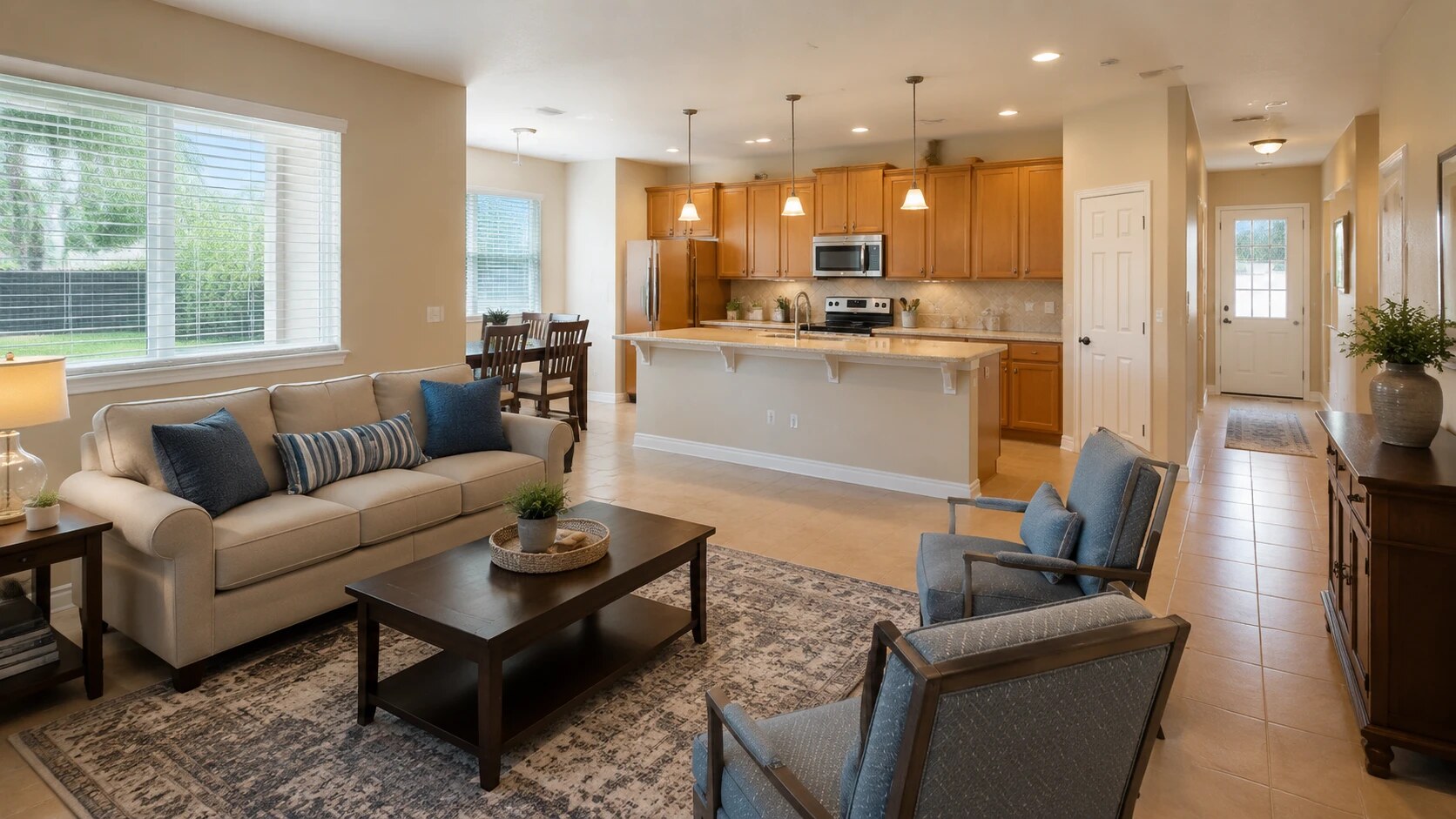 Open-plan living room and kitchen before its interior transformation